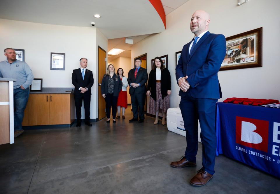 Missouri House of Representatives Budget Chairman Cody Smith talks about the plan to widening I-44 to six lanes in Springfield, Rolla and Joplin during a press conference at Branco Enterprises on Tuesday, March 19, 2024.