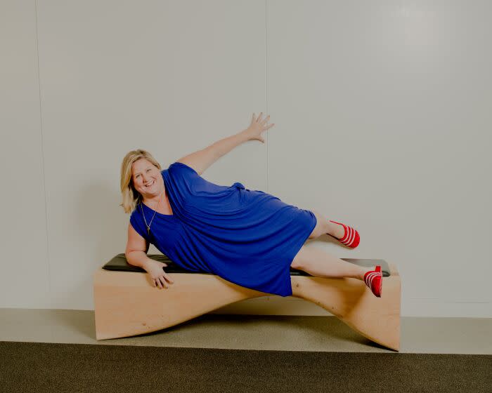 NEW YORK, NY - MARCH 30: Bridget Everett posing in the Warner Brothers Discovery Offices in Hudson Yards, New York, New York. Bridget's HBO series "Somebody Somewhere" is about to launch its second season. (Todd Midler / For the Times)