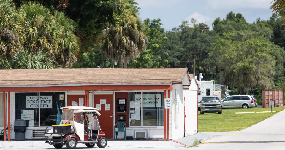 The main office at Saving Mercy Friday morning, July 22. Residents, many of whom are elderly, low-income or disabled, are being ejected from their mobile home sites to make room for affordable housing. A group of residents spoke about their ordeal.