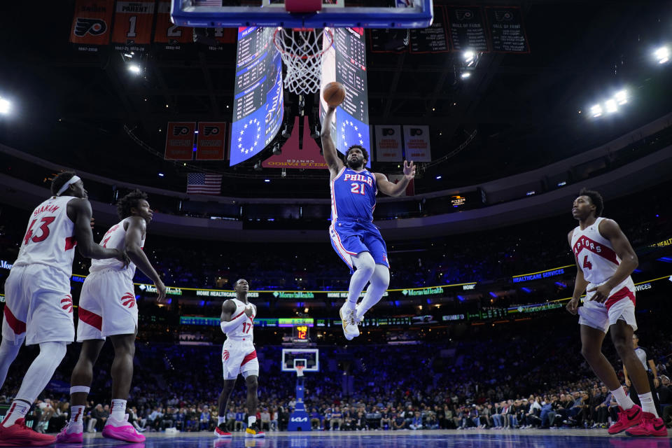 Philadelphia 76ers' Joel Embiid goes up for a dunk during the second half of an NBA basketball game against the Toronto Raptors, Thursday, Nov. 2, 2023, in Philadelphia. (AP Photo/Matt Slocum)