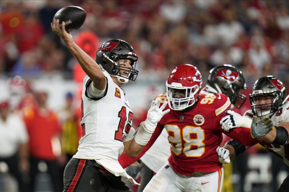 Tampa Bay Buccaneers quarterback Tom Brady (12) throws a pass during the second half of an NFL football game against the Kansas City Chiefs Sunday, Oct. 2, 2022, in Tampa, Fla. (AP Photo/Chris O'Meara)