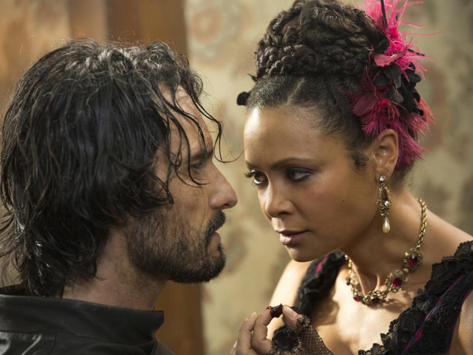 Rodrigo Santoro as Hector Escaton, Thandie Newton as Maeve   credit John P Johnson Westworld