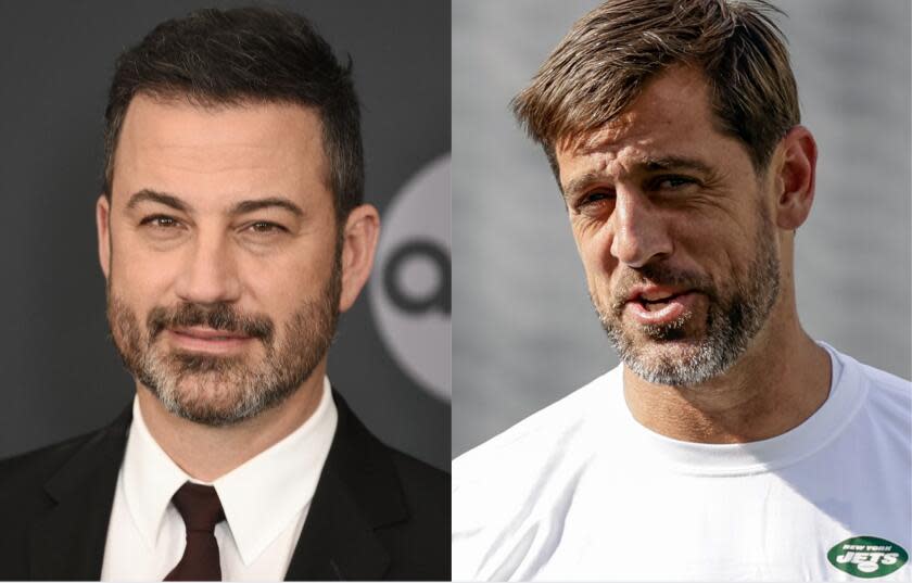 Jimmy Kimmel, left, wears a black suit and Aaron Rodgers, right, wears a white tea shirt