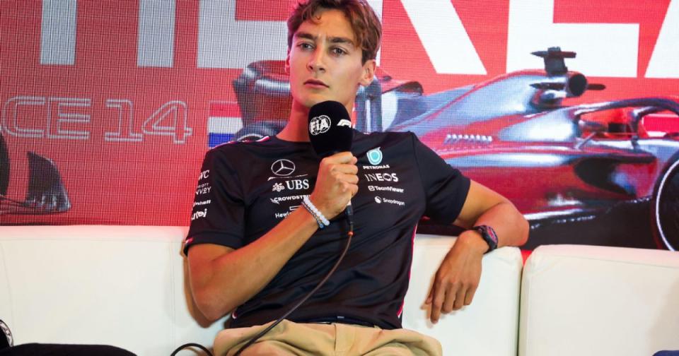 George Russell speaks in the press conference at the 2023 Dutch Grand Prix. Credit: Alamy