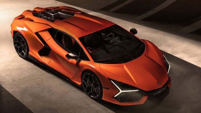 A photo of the orange Lamborghini Revuelto supercar. 