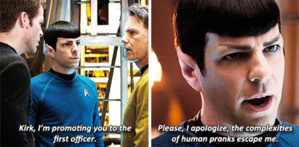 Captain Pike gives Spock the field commission of Enterprise Captain, and Kirk the field commission of First Officer, in Star Trek 2009.