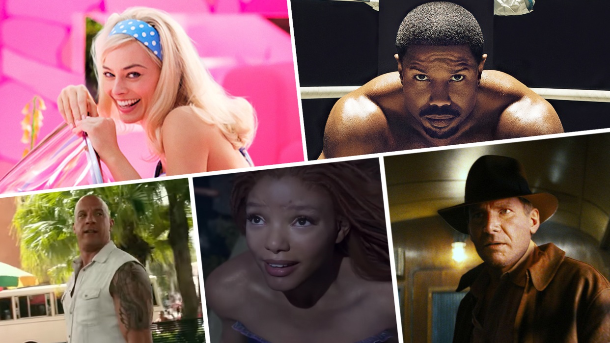 Margot Robbie in Barbie; Michael B. Jordan in Creed III; Vin Diesel in Fast X; Halle Bailey in The Little Mermaid; Harrison Ford in Indiana Jones and the Dial of Destiny (Everett Collection/Universal Pictures/Walt Disney Studios)