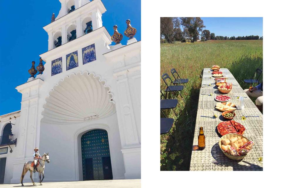 <p>Marie Lievre/Courtesy of Equiberia</p> From left: Equiberia owner and founder Marí­a Elena Dendaluce in El Rocí­o, Spain; a picnic for Equiberia riders in Doñana National Park.