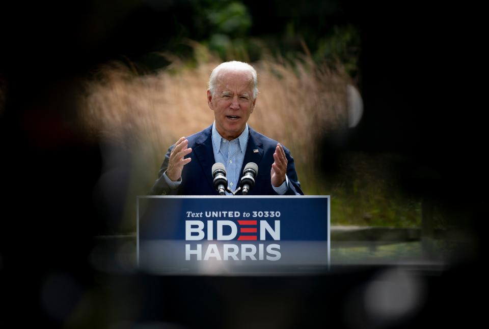 Democratic presidential candidate Joe Biden speaks outside the Delaware Museum of Natural History in Wilmington, Delaware, on September 14, 2020.