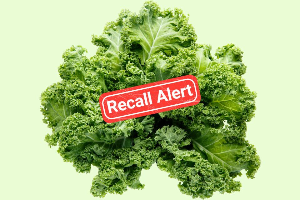 A photo of kale on a green background with a red recall alert over it