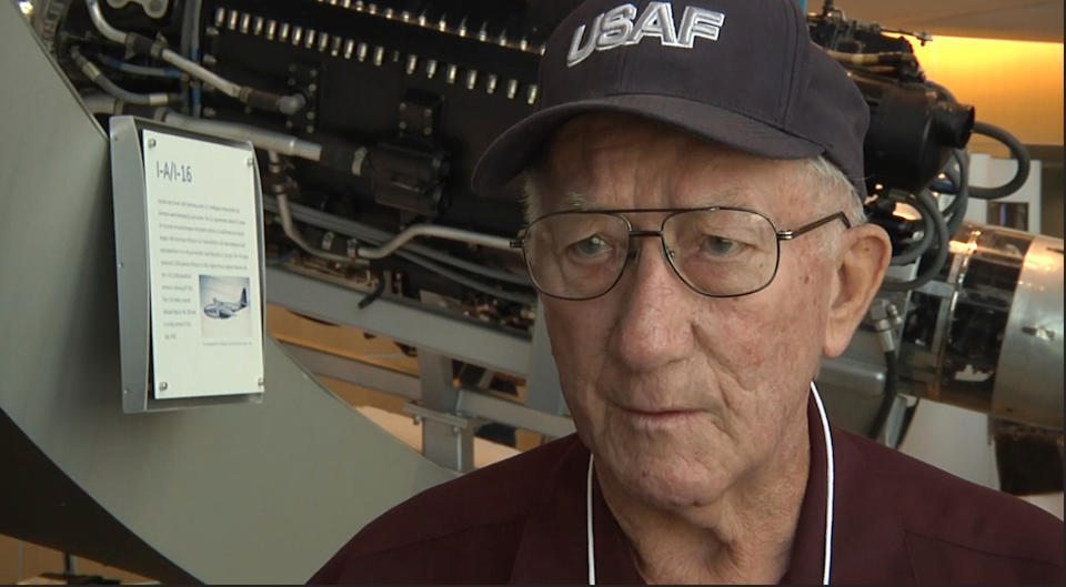 Korean War Air Force veteran Paul Coyne reflects on soldiers whose remains were returned overnight Friday from North Korea, while attending a gathering of veterans on the 65th anniversary of the war's armistice on Friday, July 27, 2018, in Evendale, Ohio. Coyne, 86, said he hopes the veterans will receive proper military burials and whatever rewards they're due, and their families will have closure. (AP Photo/Angie Wang)