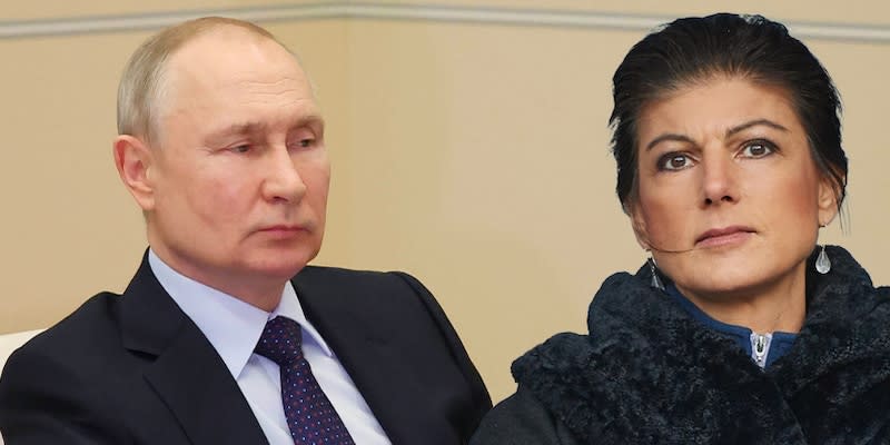 Russlands Präsident Wladimir Putin und Sahra Wagenknecht: Eine neue Arte-Doku zeigt, wie schnell die Wahrheit in einem globalen Glaubenskrieg auf der Strecke bleibt.<span class="copyright">FOCUS online/dpa</span>