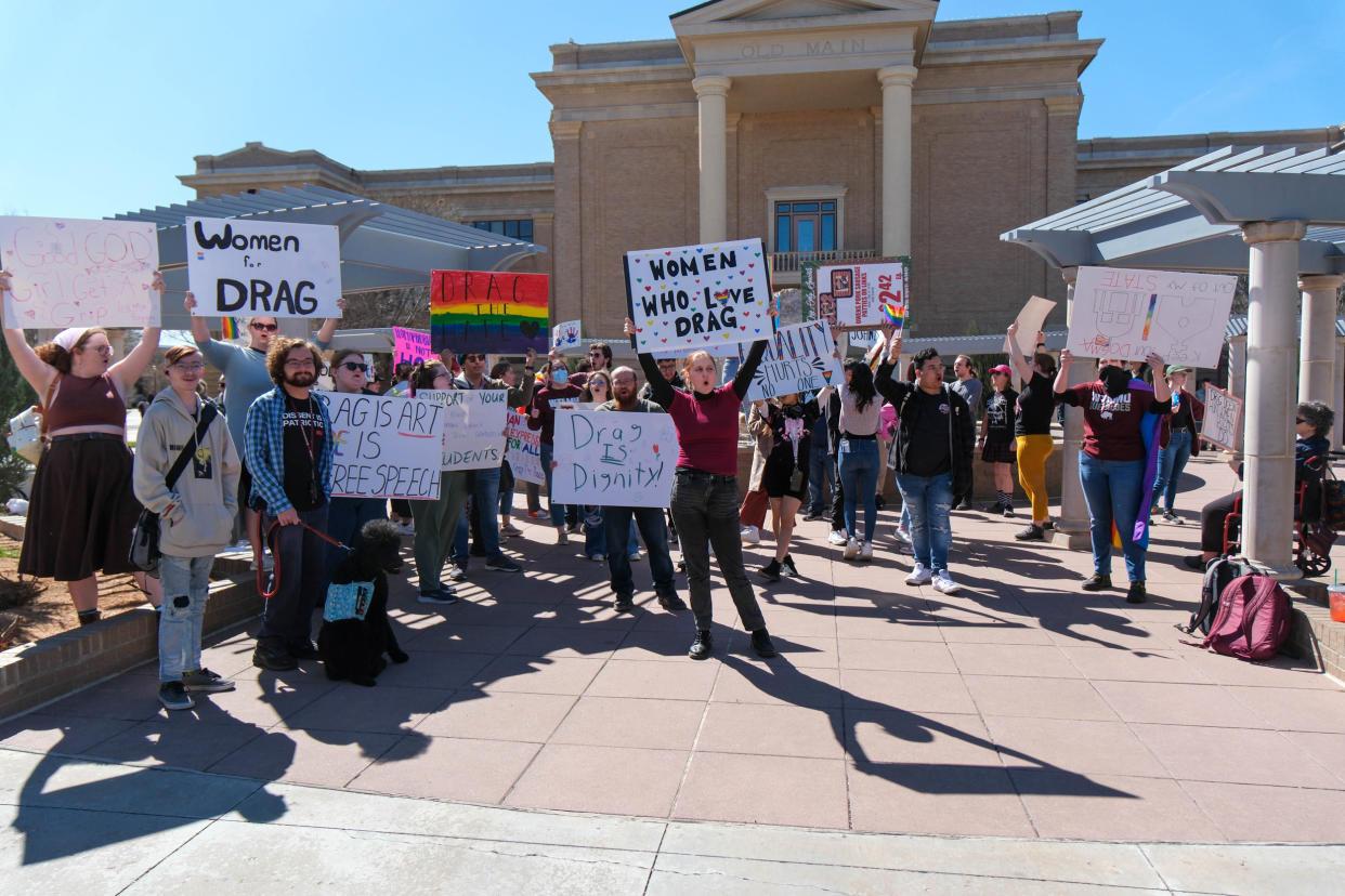 Students at West Texas A&M University protest the cancellation on an on-campus drag show in Canyon, Texas, on March 21, 2023. (Michael Cuviello / USA Today Network)