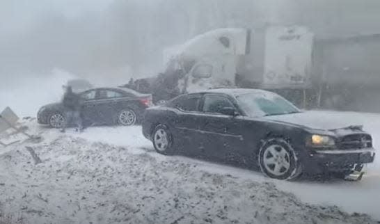 A screen grab from a video taken by Mike Moye shows a massive pile-up on I-81 Monday afternoon.
