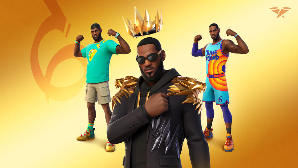 LeBron James poses in three different outfits as part of the King James bundle on Fortnite