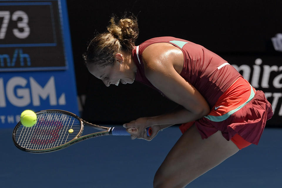 Madison Keys of the U.S. celebrates after defeating Barbora Krejcikova of the Czech Republic in their quarterfinal at the Australian Open tennis championships in Melbourne, Australia, Tuesday, Jan. 25, 2022. (AP Photo/Andy Brownbill)