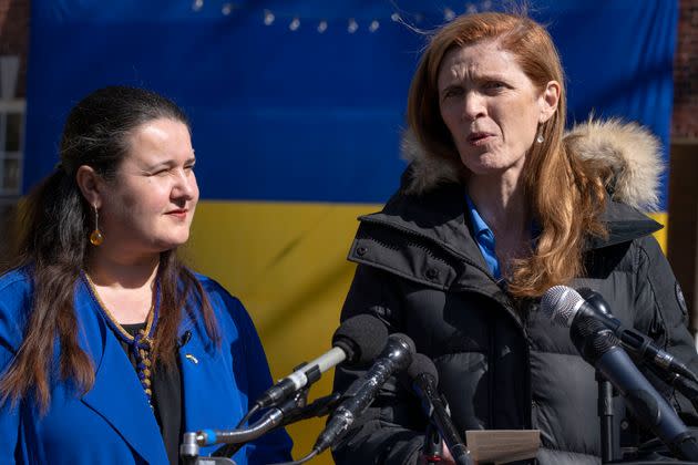 From Left: Oksana Markarova, the Ukrainian ambassador to the U.S. listens as U.S. Agency for International Development Administrator Samantha Power speaks Friday at a press conference marking the one-year anniversary of Russia's invasion of Ukraine.