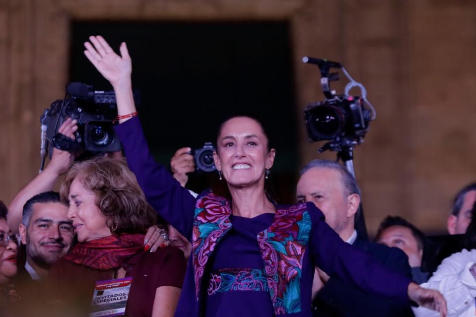 Claudia Sheinbaum, the virtual winner for the presidency of Mexico for the MORENA party, is going to the Zocalo in Mexico City, Mexico, on June 7, to thank her supporters for voting for her. (Photo by Gerardo Vieyra/NurPhoto via Getty Images)