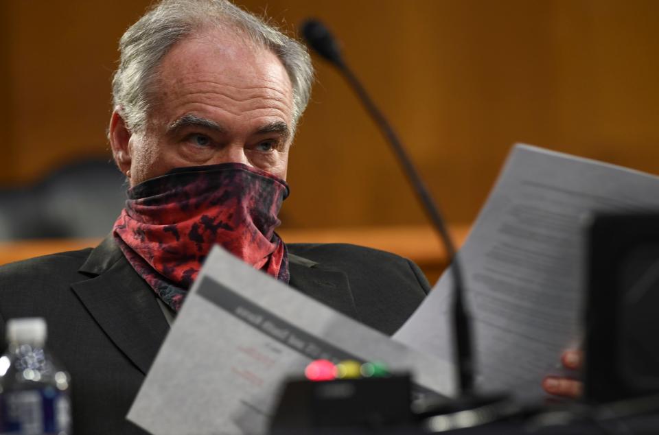 Sen. Tim Kaine, D-Va., listens to testimony before the Senate Committee for Health, Education, Labor, and Pensions hearing, Tuesday, May 12, 2020 on Capitol Hill in Washington.