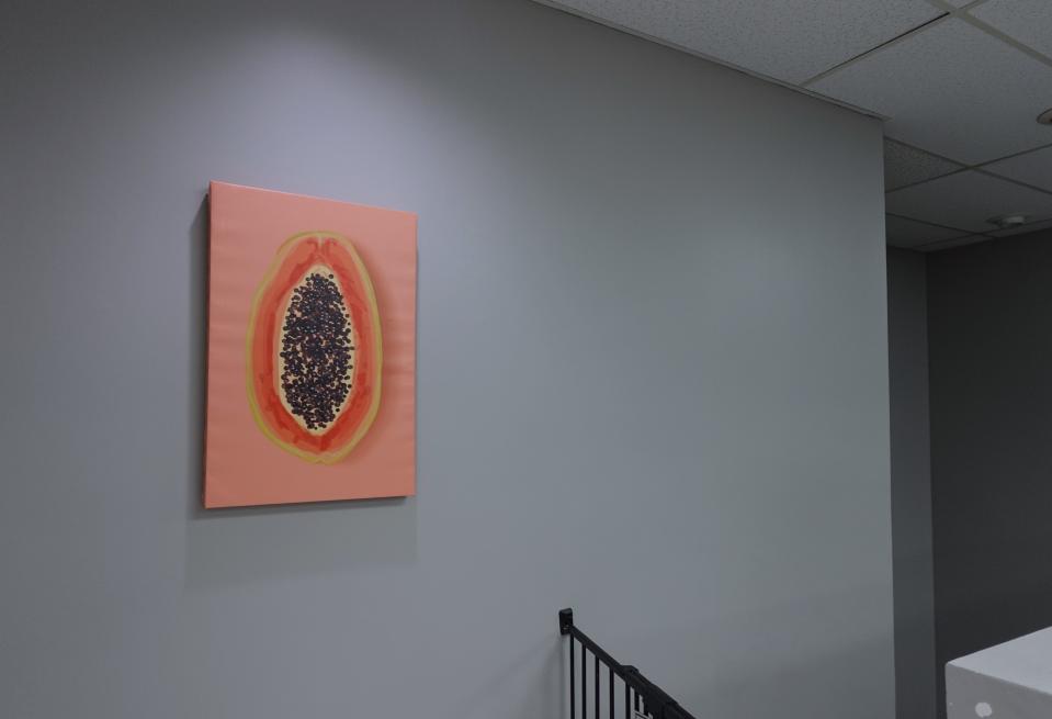 A photoprint of a halved pappaya hanging on a gray wall.