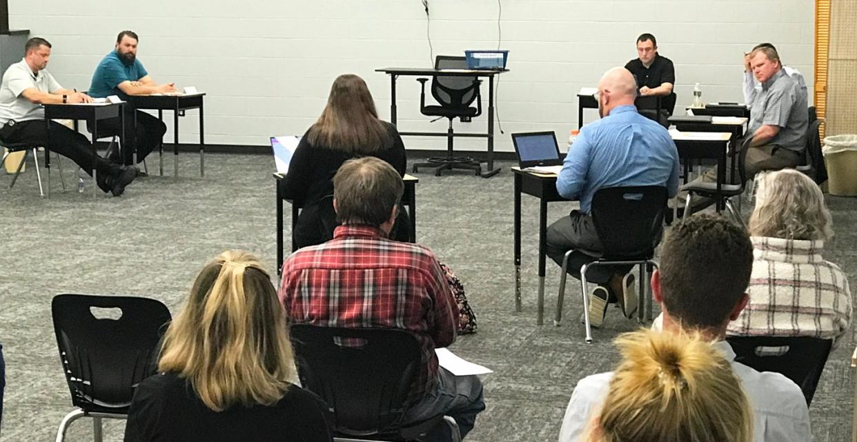 The ROWVA School Board hears a report from Principal Adam Seaney during its meeting March 21. That night the four-person board added Amber Fleming as a fifth member. The board is expected to add Heather Godsil and Emily Bean to fill the final two seats on Monday, April 18.