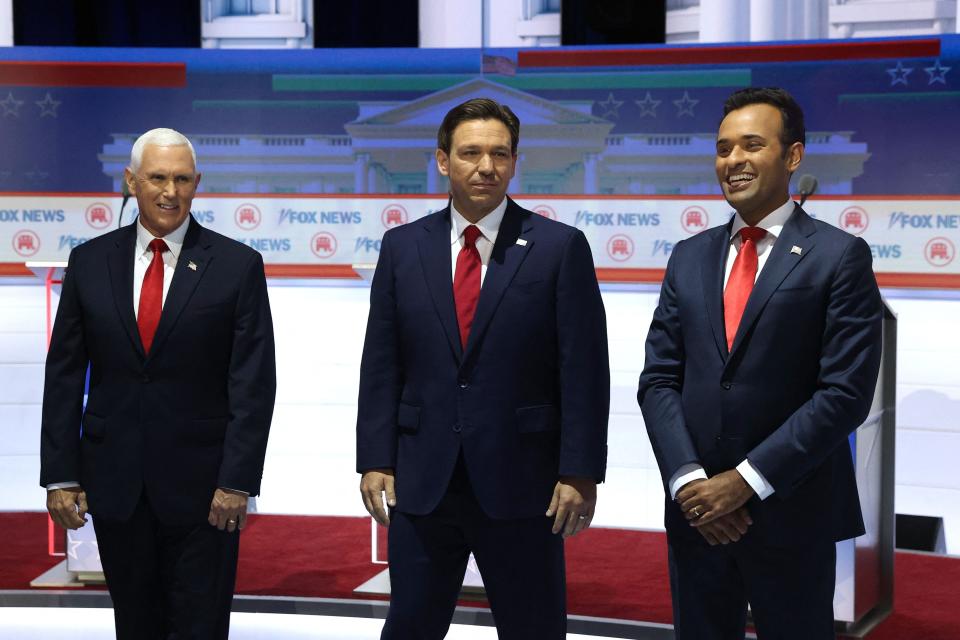 Mike Pence, Ron DeSantis, and Vivek Ramaswamy at the Republican debate