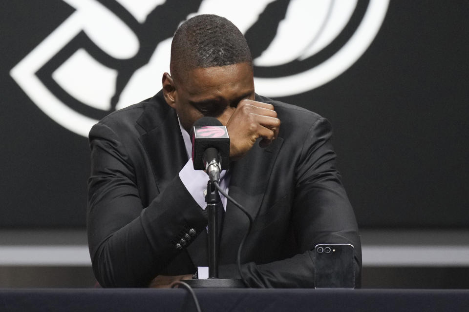 Toronto Raptors President Masai Ujiri is overcome with emotion speaking about Dikembe Mutombo, who died Monday from brain cancer, in Toronto, Monday, Sept. 30, 2024. (Chris Young/The Canadian Press via AP)