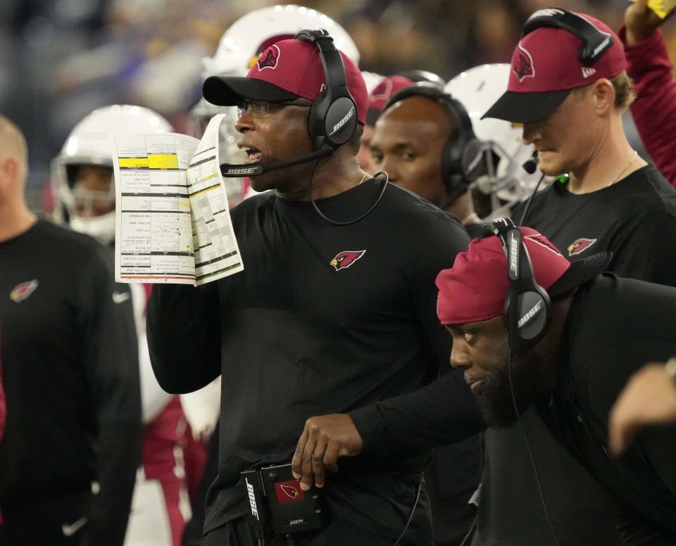 Jan 17, 2022; Los Angeles, California, USA;  Arizona Cardinals defensive coordinator Vance Joseph calls a play against the Los Angeles Rams during the fourth quarter of the NFC Wild Card playoff game.