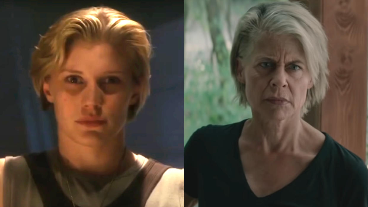  Katee Sackhoff in Battlestar Galactica and Linda Hamilton from Terminator: Dark Fate, pictured side-by-side. 