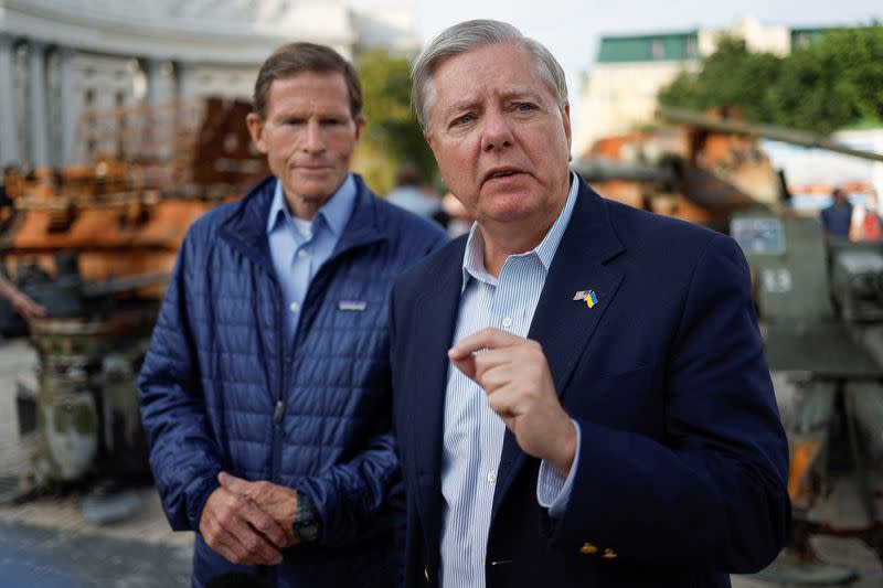 U.S. Senators Graham and Blumenthal speak during an interview with Reuters in Kyiv