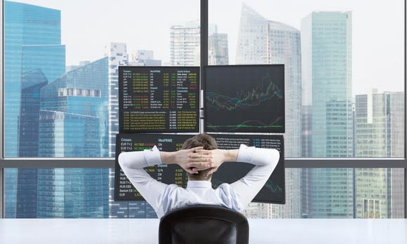 Person with hands behind head looking at a four-screen display of stock quotes and charts in front of a cityscape.