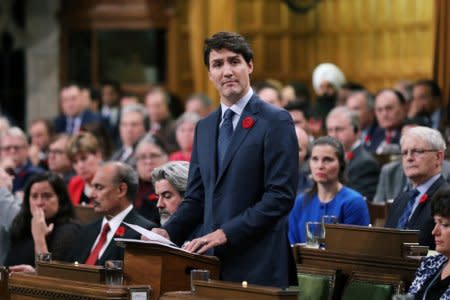 Canada's Prime Minister Justin Trudeau delivers a formal apology over the fate of the MS St. Louis and its passengers, in the House of Commons on Parliament Hill in Ottawa, Ontario, Canada November 7, 2018. REUTERS/Chris Wattie