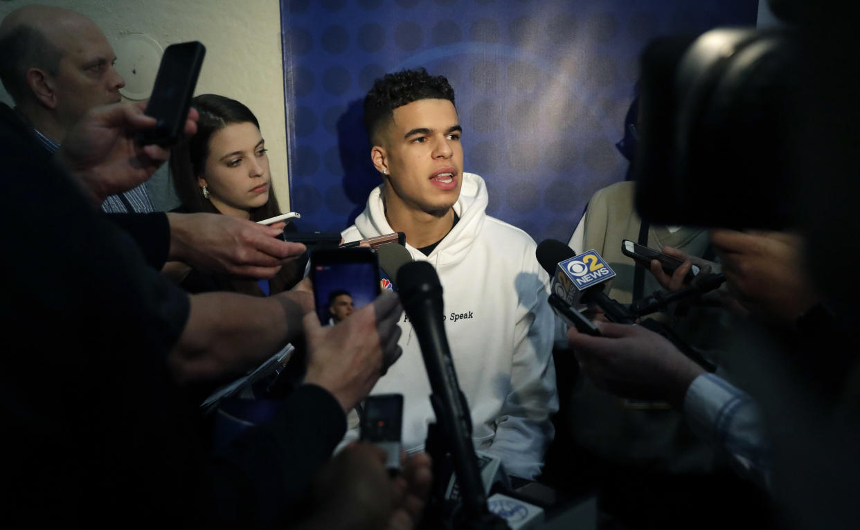 Michael Porter Jr., from Missouri, speaks to reporters during the NBA draft basketball combine Thursday, May 17, 2018, in Chicago. (AP Photo/Charles Rex Arbogast)