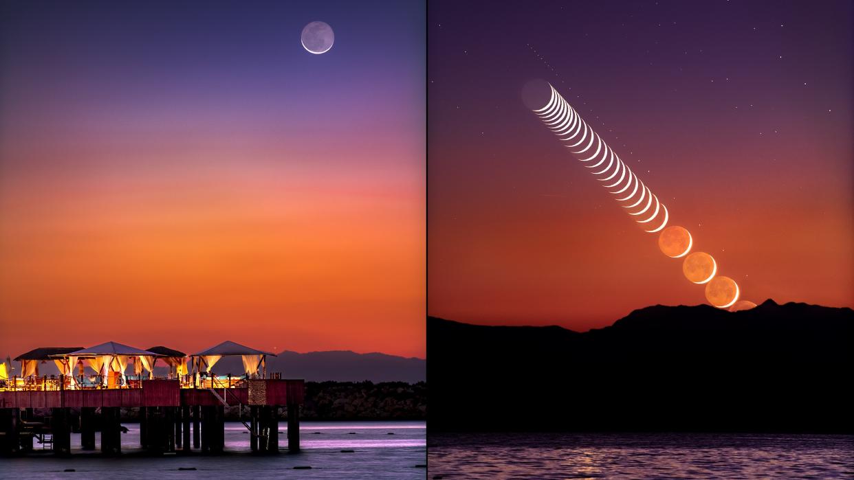  two scenes side by side. one shows the new moon high in the sky above a lake and pergolas. the second scene is a timelapse photo of the new moon rising in a glowing sky with mountains and a lake 