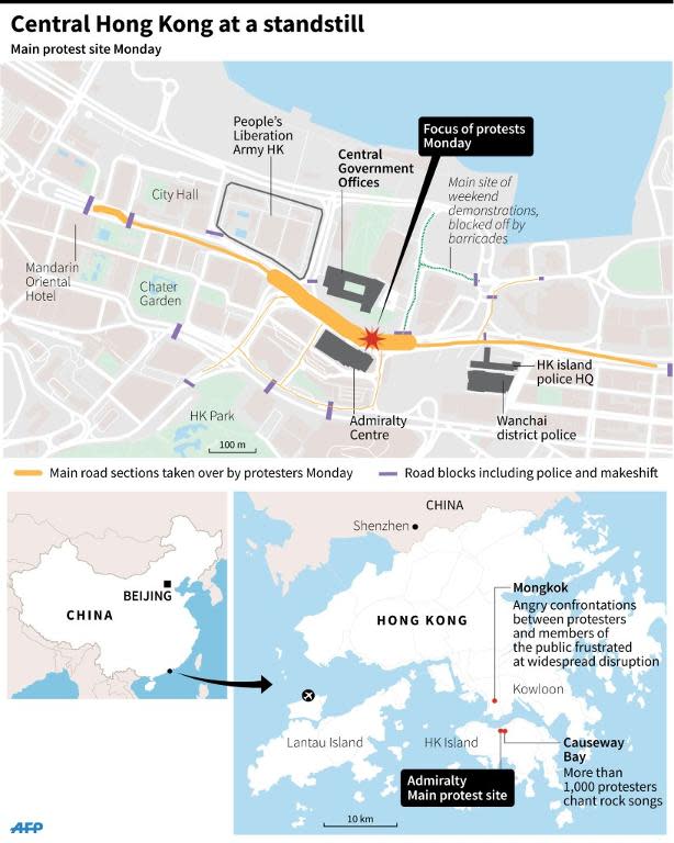 Map showing the main protest site in Hong Kong on Monday, plus a map of the territory showing where other demonstrations have taken place