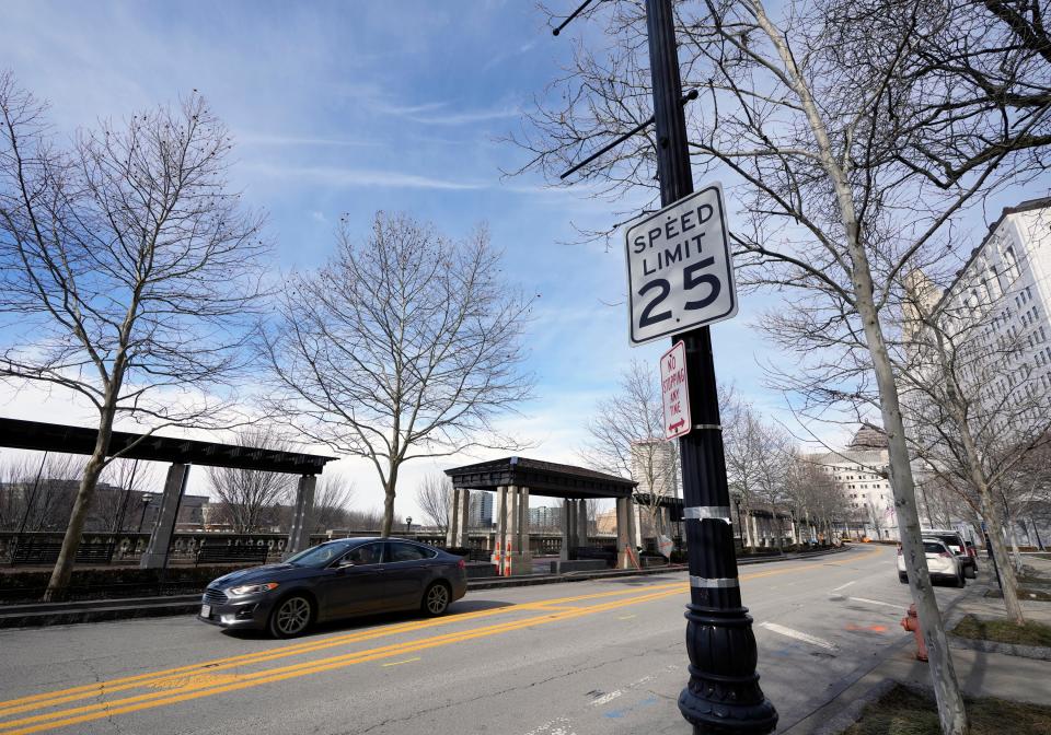 A car drives south on Civic Center Drive where the speed limit is 25 miles per hour. The city of Columbus plans to set speeds on all Downtown streets to 25 miles per hour.