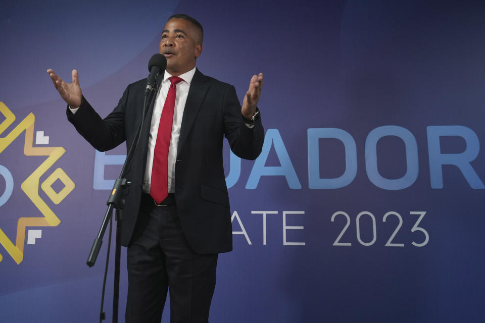 Bolivar Armijos, presidential candidate for Amigo Movement speaks prior to the presidential debate in Quito, Ecuador, Sunday, Aug. 13, 2023. Ecuador goes to the polls in a presidential election on Aug. 20. (AP Photo/Dolores Ochoa)