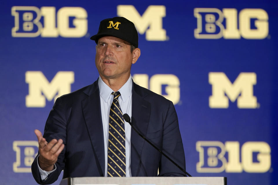 CHICAGO, IL - JULY 19: University of Michigan football head coach Jim Harbaugh  speaks to media members during the Big Ten Football Media Days event on July 19, 2019 at the Hilton Chicago in Chicago, IL. (Photo by Robin Alam/Icon Sportswire via Getty Images)