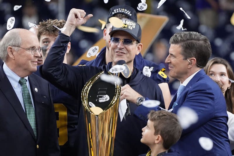 Head coach Jim Harbaugh led Michigan to a national title Jan. 8 in Houston. File Photo by Kevin M. Cox/UPI