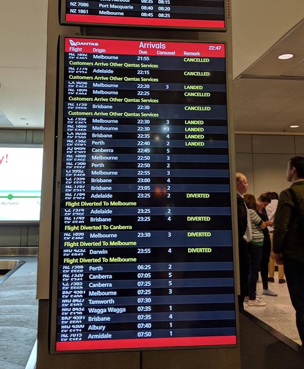 Dozens of flights were cancelled, delayed and diverted from Sydney Airport. Source: Twitter/Djuro Sen