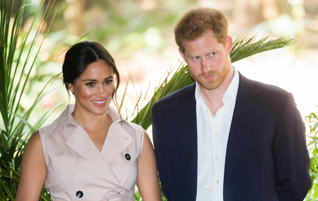 JJOHANNESBURG, SOUTH AFRICA - OCTOBER 02: Prince Harry, Duke of Sussex and Meghan, Duchess of Sussex visit the British High Commissioner's residence to attend an afternoon reception to celebrate the UK and South Africa’s important business and investment relationship, looking ahead to the Africa Investment Summit the UK will host in 2020. This is part of the Duke and Duchess of Sussex's royal tour to South Africa. on October 02, 2019 in Johannesburg, South Africa. (Photo by Samir Hussein/WireImage)