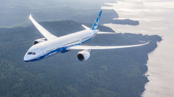 Boeing white and blue 787 Dreamliner aircraft, airborne over a wooded coastline on a large body of water.