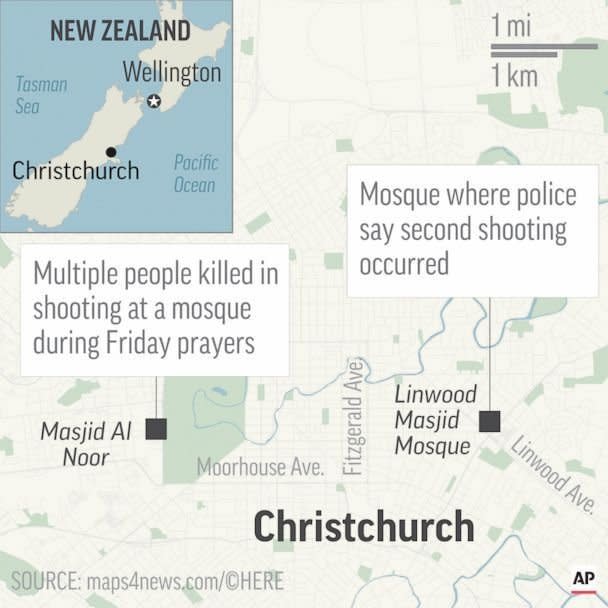 A map shows the location of two shootings in Christchurch, New Zealand, on Friday, March 15, 2019. (AP)