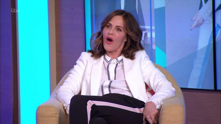 Trinny Woodall is caught using her phone on air on ‘This Morning’.