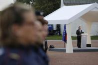 French President Francois Hollande delivers a speech after a meeting with officers of the French Gendarmerie in Calais as part of his visit to the northern French port which is home to the "Jungle" migrant camp, France, September 26, 2016. REUTERS/Thibault Vandermersch/Pool