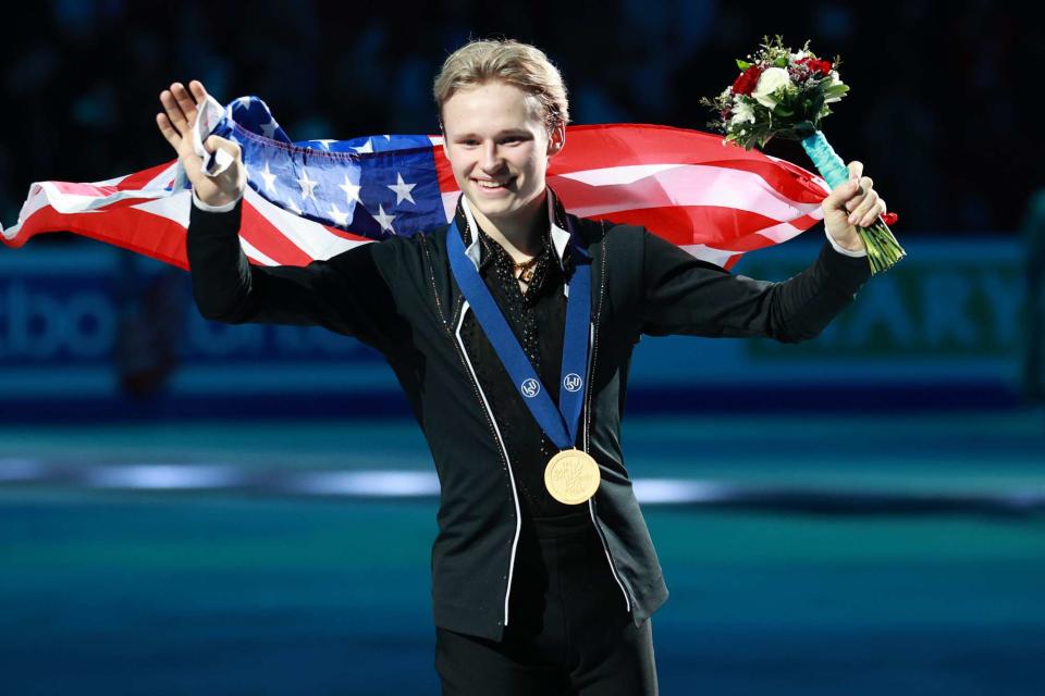 <p>Mert Alper Dervis/Anadolu via Getty</p> Ilia Malinin celebrates after free skate