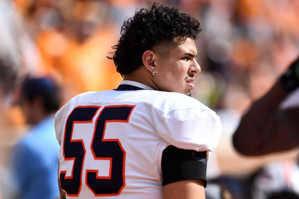 UT Martin offensive lineman AJ Marquez (55) during Tennessee's Homecoming game against UT-Martin at Neyland Stadium in Knoxville, Tenn., on Saturday, Oct. 22, 2022.
