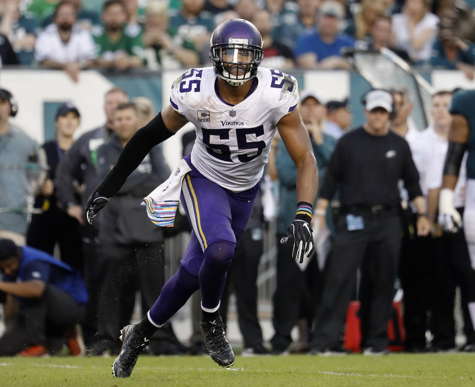 FILE - In this Oct. 7, 2018, file photo, Minnesota Vikings linebacker Anthony Barr chases the action during an NFL football game against the Philadelphia Eagles in Philadelphia. The Vikings are keeping the heart of their defense intact with a hefty commitment to linebacker Anthony Barr, who changed his mind after an initial agreement to join the New York Jets. (Winslow Townson/AP Images for Panini, File)