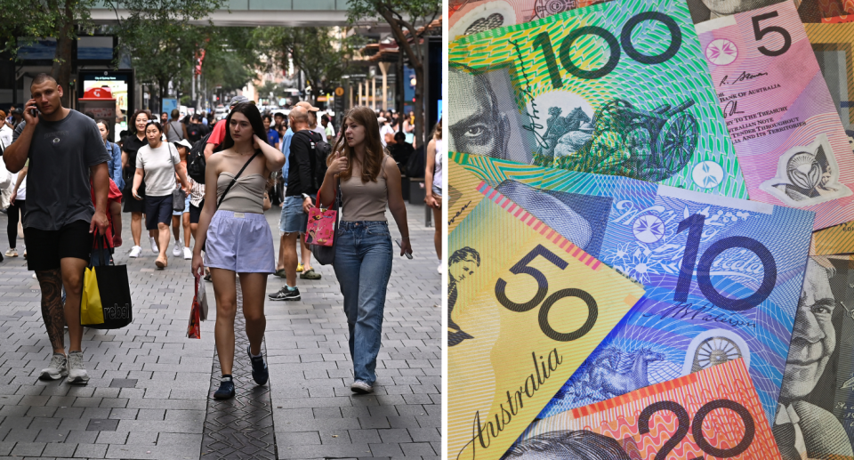 Workers walk through Sydney's business district next to a bundle of Australian banknotes