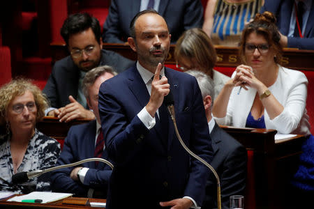 French Prime Minister Edouard Philippe speaks during the questions to the government session at the National Assembly in Paris, France, July 24, 2018. REUTERS/Philippe Wojazer